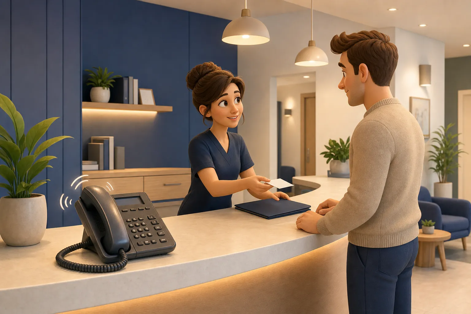 Das Telefon am vollen Empfang einer Zahnarztpraxis klingelt, während das Team gerade einen Patienten am Tresen betreut