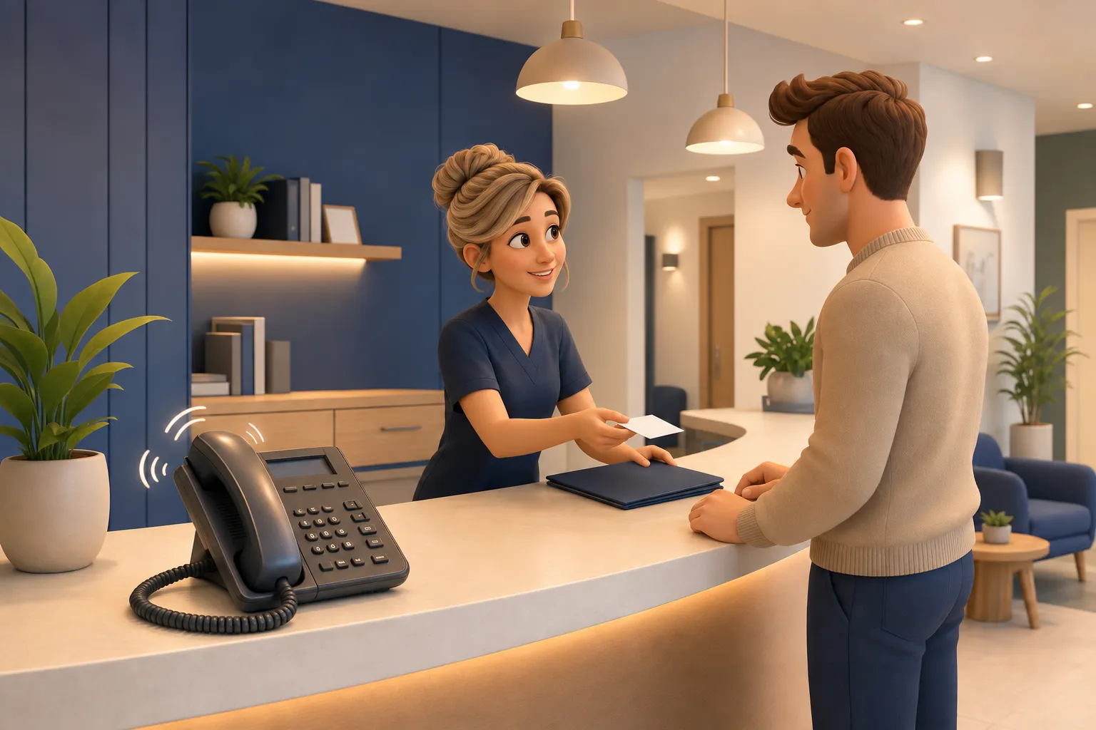 Das Telefon am vollen Empfang einer Zahnarztpraxis klingelt, während das Team gerade einen Patienten am Tresen betreut